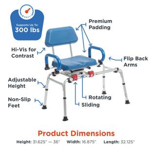 Feature callouts on the Journey 33322 SoftSecure transfer bench covering padding, flip-back arms, the sliding seat and non-slip feet
