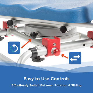 Close view of the rotation and sliding control knobs under the seat of the Journey 33322 SoftSecure transfer bench