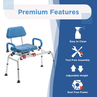 Icon graphic covering easy cleaning, tool-free assembly, height adjustment and rust-free frame on the Journey 33322 transfer bench