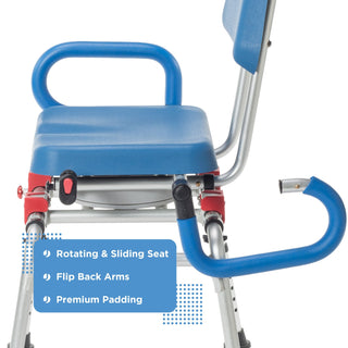 Journey 33322 SoftSecure transfer bench with one armrest flipped up, showing the sliding and rotating seat