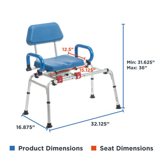 Measurement diagram for the Journey 33322 SoftSecure transfer bench showing seat size, overall footprint and height range