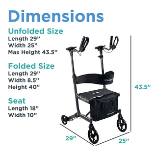 Measurement chart for the Journey UPWalker EZ Lite showing unfolded, folded and seat dimensions alongside the arm supports.