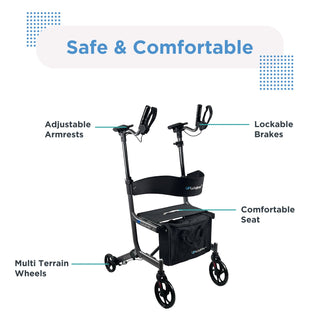 Journey UPWalker EZ Lite with labelled features: adjustable armrests, lockable brakes, multi-terrain wheels and a padded seat.
