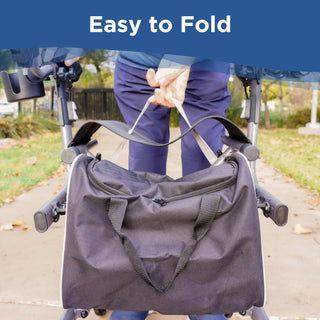 A person pulling the folding strap on the Journey UPWalker EZ Lite outdoors, under the heading Easy to Fold.
