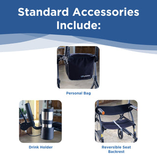 Accessories included with the Journey UPWalker EZ Lite: rear personal bag, side drink holder and reversible seat backrest, each labelled.