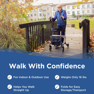 An older adult using the Journey UPWalker EZ Lite on a wooden bridge, with callouts for indoor and outdoor use, frame weight, upright posture and easy folding.