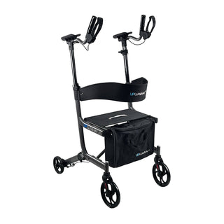 Journey UPWalker EZ Lite upright walker in black, with forearm supports, a curved backrest and a storage pouch.