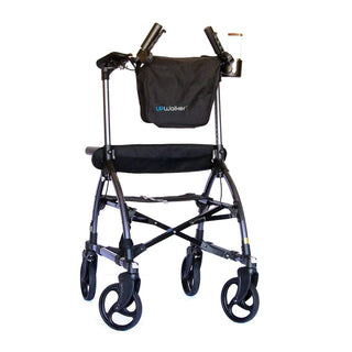 Journey UPWalker Original upright walker in black, showing the forearm supports, padded seat and front storage pouch.