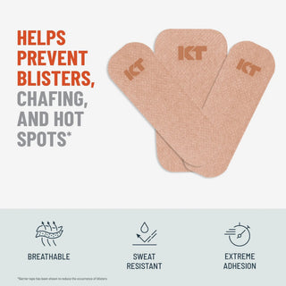 Graphics from the 30 count wide KT Health Blister Prevention Tape box