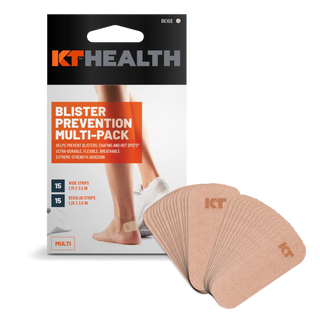 Beige 30 count KT Health Blister Prevention Tape multipack box shown with tape