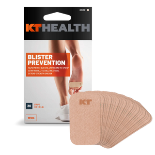 Beige 30 count wide KT Health Blister Prevention Tape box shown with tape