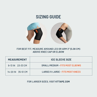 KT Health Ice Sleeve sizing guide showing the small, medium and extra large fits