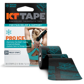 KT Tape Pro Ice menthol kinesiology tape in Black with Cool Aqua print, shown with its box and roll