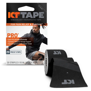 KT Tape Pro Jet Black box and roll of precut kinesiology tape