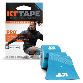 KT Tape Pro Laser Blue box and roll of precut kinesiology tape