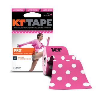 KT Tape Pro Pink Polka Dot box and roll of precut kinesiology tape