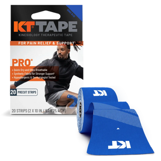 KT Tape Pro Sonic Blue box and roll of precut kinesiology tape