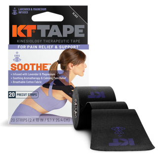 KT Tape Soothe kinesiology tape box shown beside the black and lavender tape roll