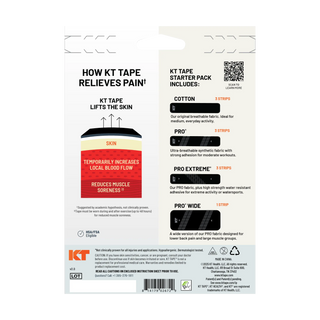 Back panel of the KT Tape Starter Pack kinesiology tape kit box
