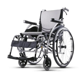 Wheelchair with gray seat and black frame on a white background