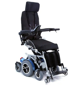 Power wheelchair with reclined position on a white background
