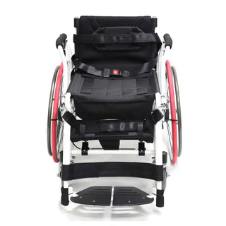 Wheelchair with black seat and red wheels on a white background