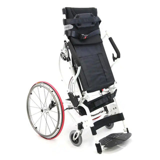 Black and silver wheelchair with red accents on a white background