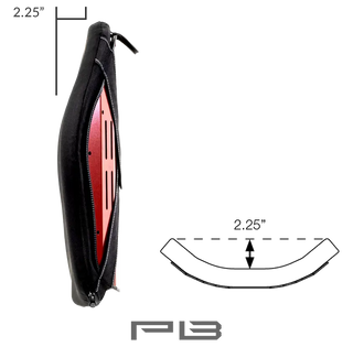 Black pouch with red interior, measurements indicated, and PLB logo.