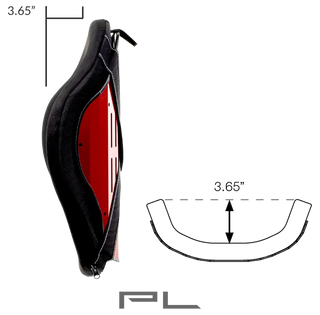 Black pouch with red interior, shown from multiple angles with measurements and PL logo.