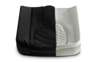 Split view of a black and white shoe on a white background