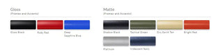 Color swatches for gloss and matte finishes on frames and accents.