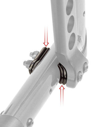 Close-up of a bicycle suspension fork with metal components and red arrows indicating movement or direction.