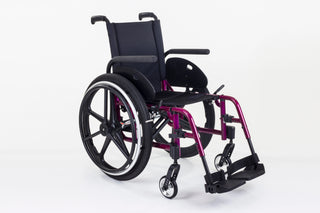Ki Mobility Catalyst 5 (K0005) Ultra-Lightweight Folding Manuel Wheelchair with black seat and purple frame on a white background
