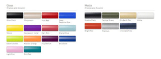 Color swatches for gloss and matte finishes on frames and accents.