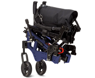 Foldable Ki Mobility Liberty (E1161) Folding Tilt Wheelchair with black seat and blue frame on a white background