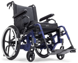 Ki Mobility Liberty (E1161) Folding Tilt Wheelchair with blue frame and black seat on a white background