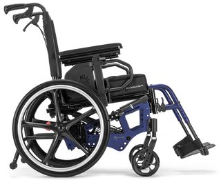 Ki Mobility Liberty (E1161) Folding Tilt Wheelchair with blue frame and black seat on a white background