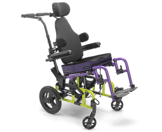 Ki Mobility Little Wave Arc (E1234, E1161) Tilt Pediatric Wheelchair with purple frame and black seat on a white background