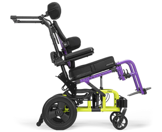 Ki Mobility Little Wave Arc (E1234, E1161) Tilt Pediatric Wheelchair with purple and green frame on a white background