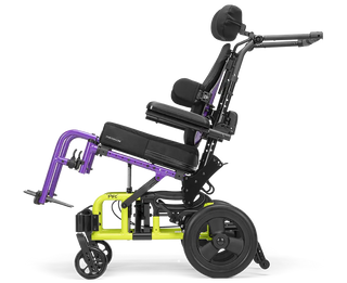 Ki Mobility Little Wave Arc (E1234, E1161) Tilt Pediatric Wheelchair with yellow accents on a white background