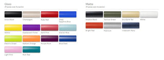 Color swatch chart for frames and accents with various color options.