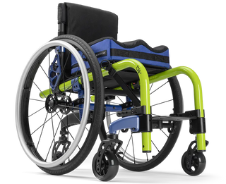 Ki Mobility Little Wave Clik XP (K0005, E1235, E1237) Pediatric Wheelchair with green frame and black seat on a white background