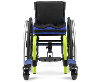 Ki Mobility Little Wave Clik XP (K0005, E1235, E1237) Pediatric Wheelchair with blue seat and green wheels on a white background