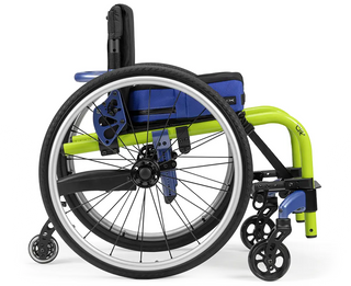 Ki Mobility Little Wave Clik XP (K0005, E1235, E1237) Pediatric Wheelchair with blue and green frame on a white background