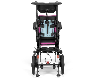 Ki Mobility Little Wave Flip (E1233, E1161) Pediatric Tilt Wheelchair with a light blue seat and pink accents on a white background