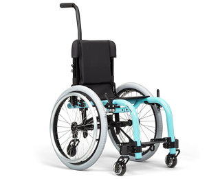 Ki Mobility Little Wave XP (K0005, E1235) Pediatric Ultra-Lightweight Rigid Wheelchair with turquoise frame on a white background