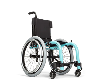 Ki Mobility Little Wave XP (K0005, E1235) Pediatric Ultra-Lightweight Rigid Wheelchair with turquoise frame on a white background