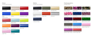 Color swatches for gloss, matte, and hydrographics finishes on a white background