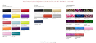 Color swatch chart for Rigidux products including back plates, fonts, and graphics with various color options.