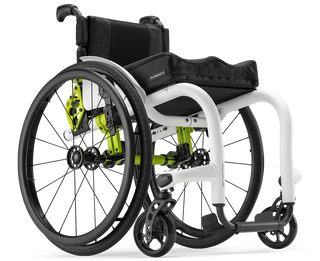 Ki Mobility Rogue XP (K0005,E1235,E1237) Ultra-Lightweight Pediatric Wheelchair with green axles on a white background